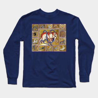 MEDIEVAL BESTIARY COMBAT, DRAGON AND ELEPHANT, FANTASTIC ANIMALS IN GOLD RED BLUE COLORS Long Sleeve T-Shirt